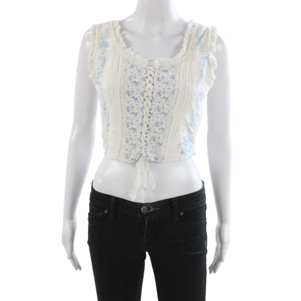 Love Shack Fancy Womens Floral White Cotton Camisole Lace Up Scoop Neck Size 0